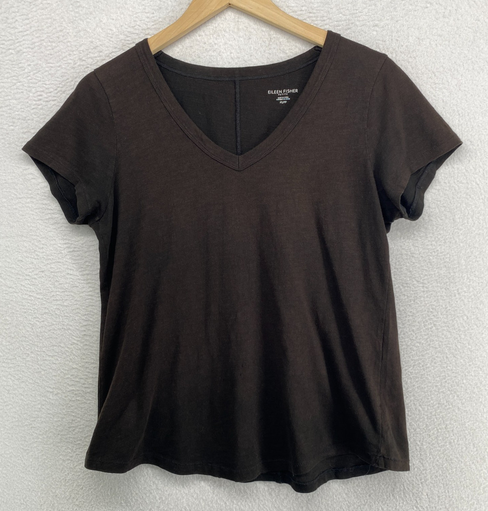 EILEEN FISHER Top PS Slub Organic Cotton Jersey V-Neck Short Sleeve Brown